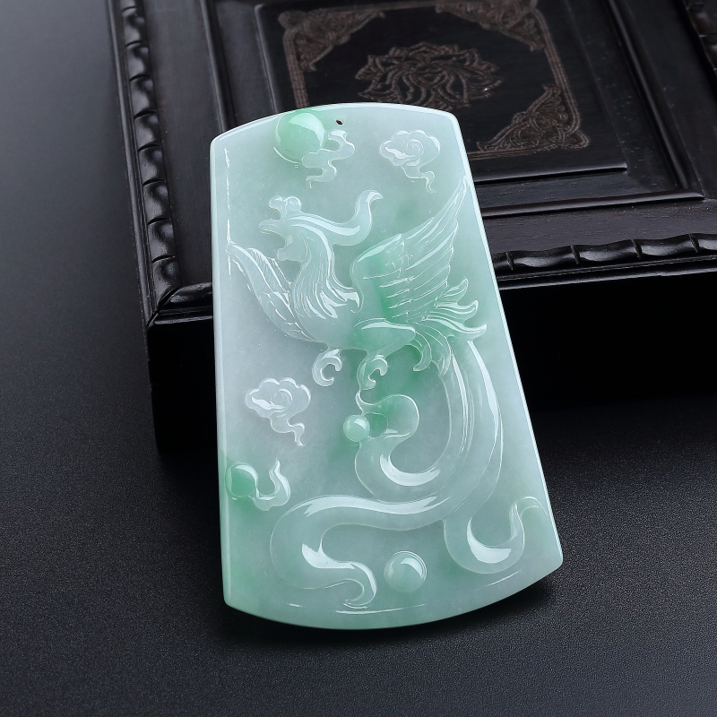 缅甸天然飘翠翡翠龙凤牌吊坠-红掌柜