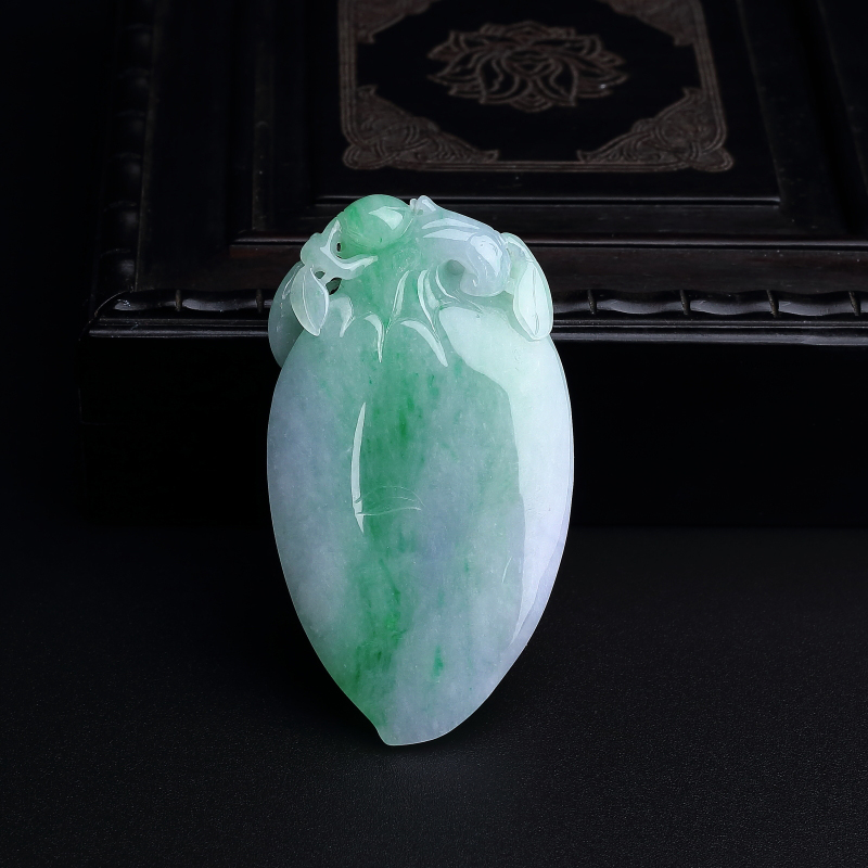 缅甸天然糯种带春色翡翠福瓜吊坠-红掌柜