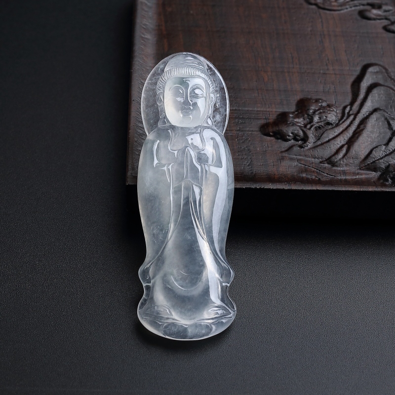 缅甸A货天然冰糯种飘花翡翠观音吊坠 - 红掌柜