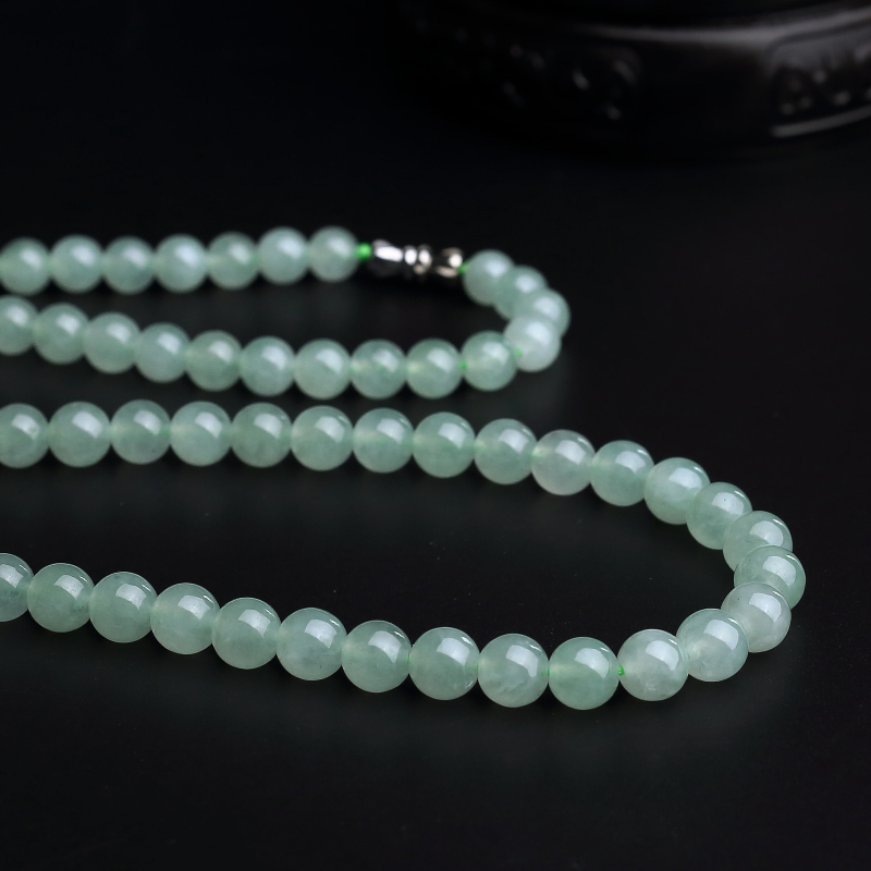 天然冰糯种浅绿翡翠圆珠项链 - 红掌柜