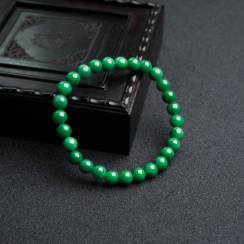 缅甸天然糯种翠色翡翠手串-红掌柜