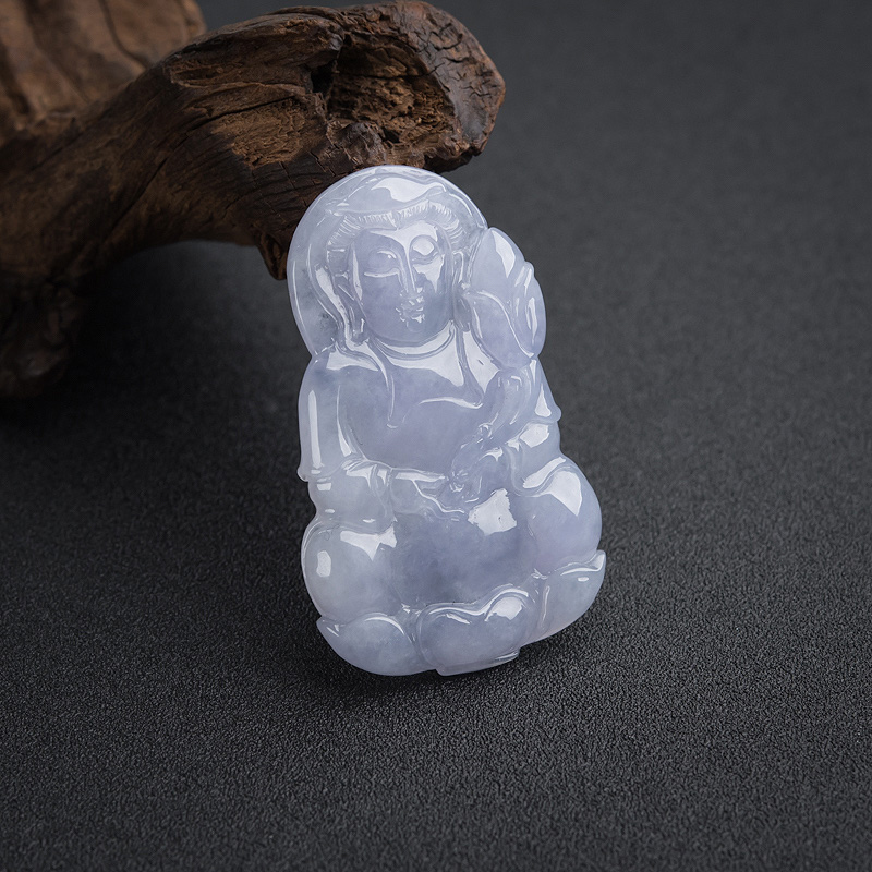 天然糯种浅紫色翡翠观音吊坠-红掌柜