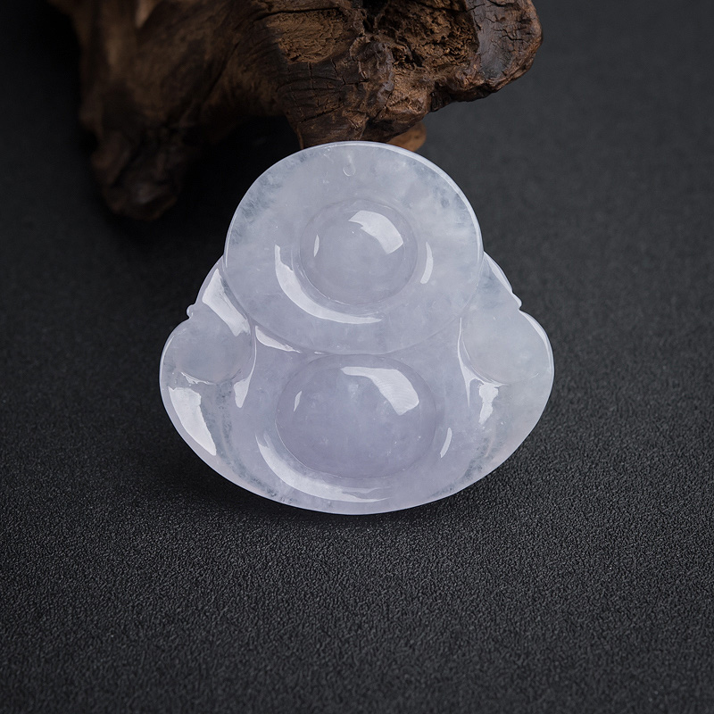 缅甸天然浅紫色翡翠弥勒佛吊坠-红掌柜