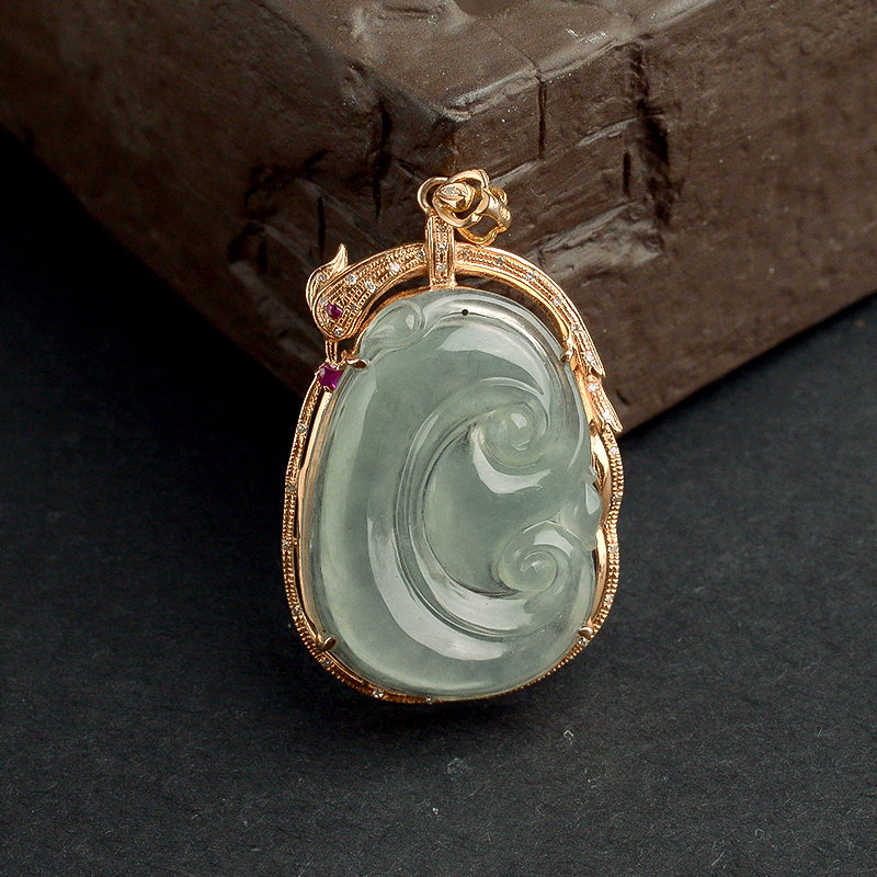 18K金镶冰糯种翡翠如意吊坠-红掌柜珠宝