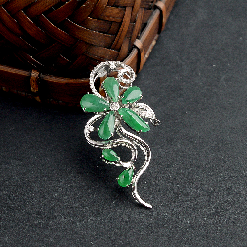 18K金糯冰种浓绿翡翠群镶花吊坠-红掌柜珠宝