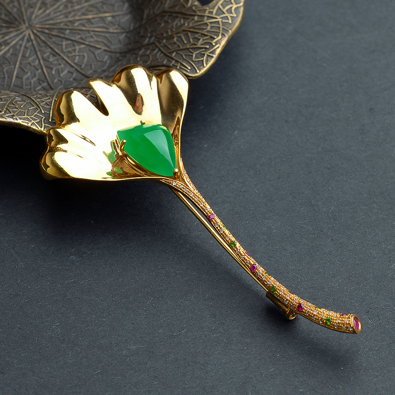 18K金冰种满绿翡翠胸针 - 红掌柜珠宝
