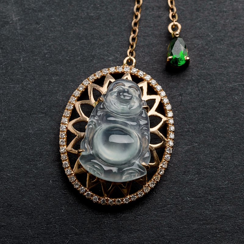 18K金冰种飘淡花翡翠站佛套链-红掌柜珠宝