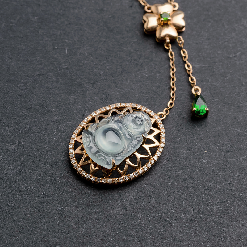 18K金冰种飘淡花站佛套链-红掌柜珠宝