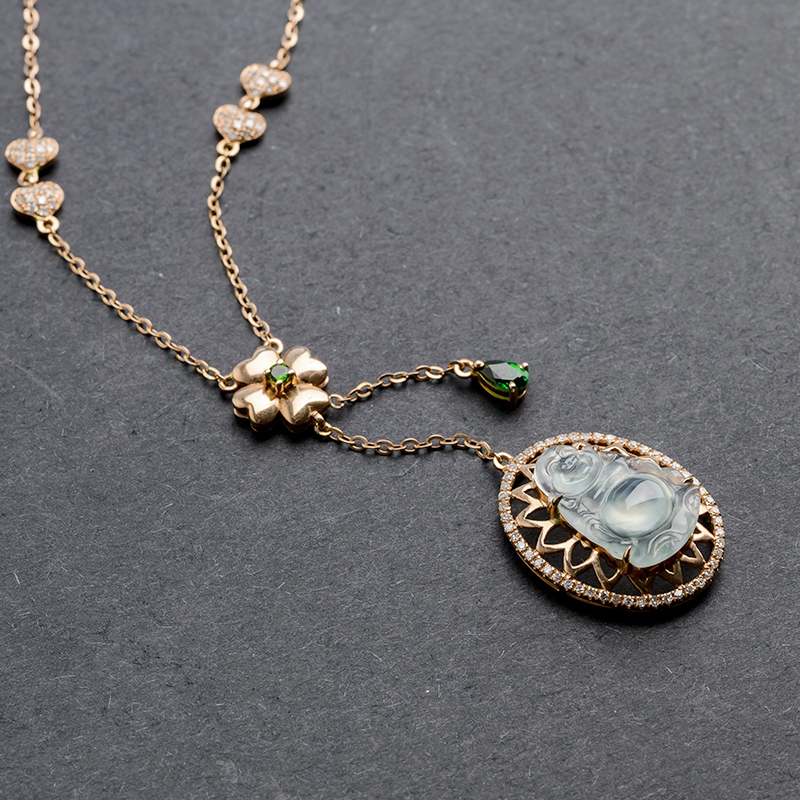 18K金冰种翡翠站佛套链-红掌柜珠宝