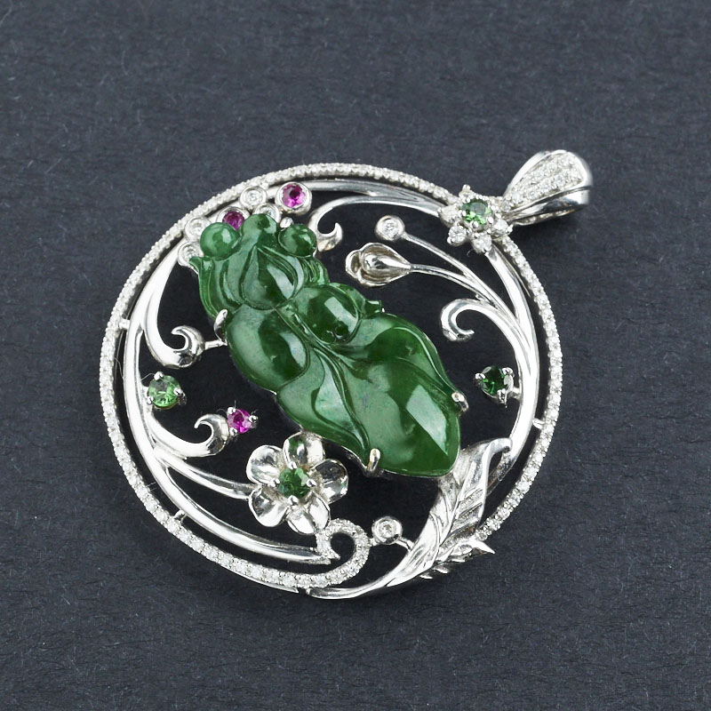 金镶钻糯冰种浓绿翡翠金鱼吊坠-红掌柜珠宝