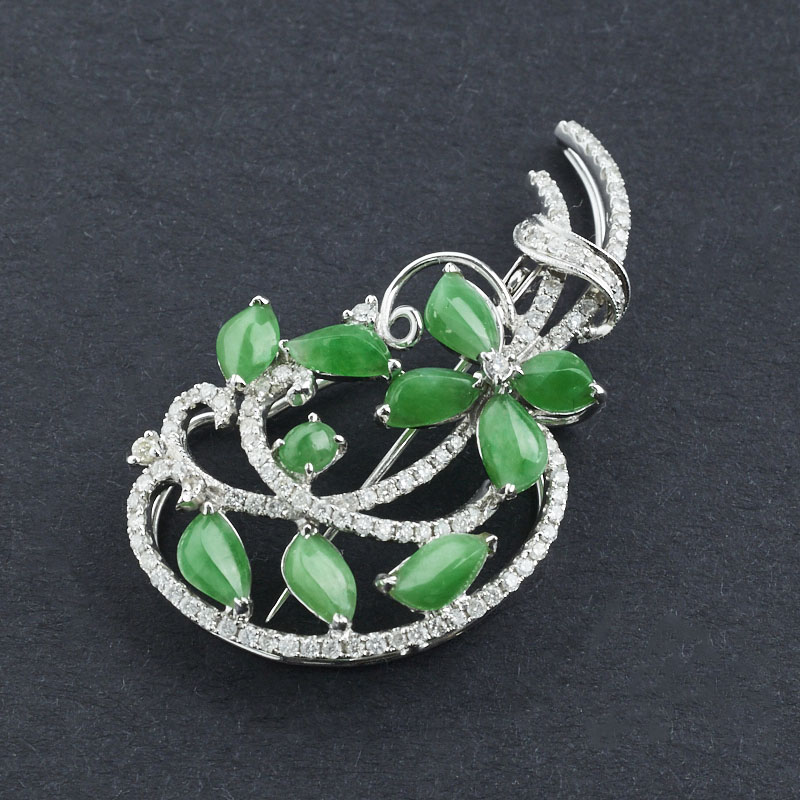 18K金镶钻冰种阳绿翡翠吊坠-红掌柜珠宝