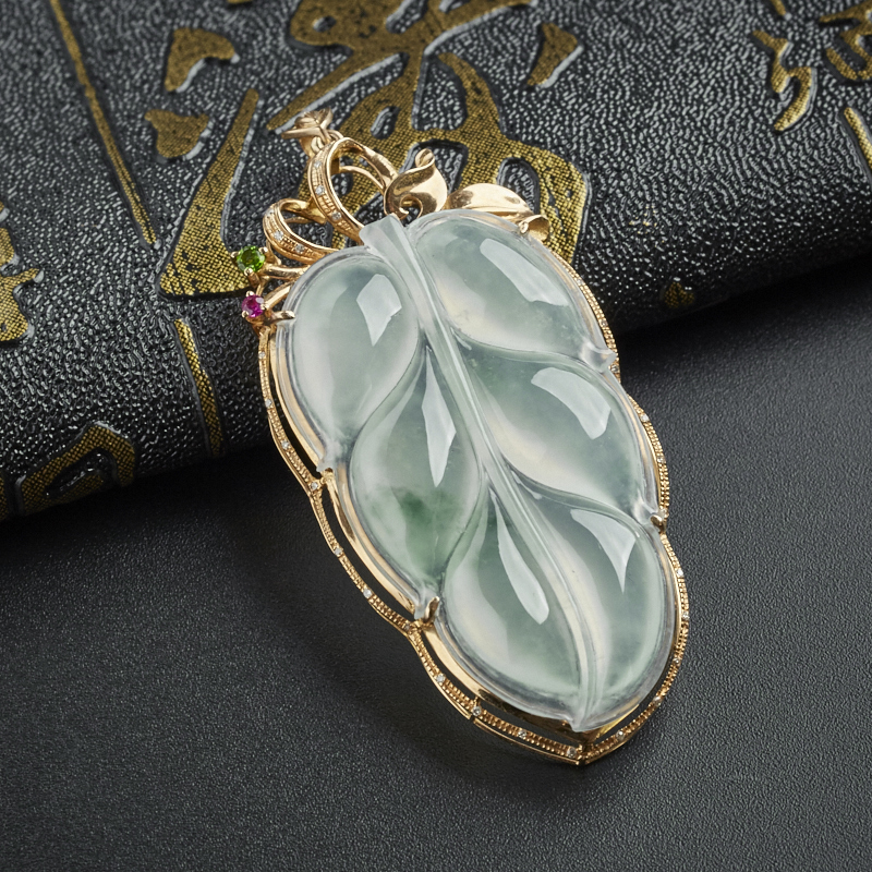18K金镶冰糯种飘花翡翠叶子 - 红掌柜珠宝