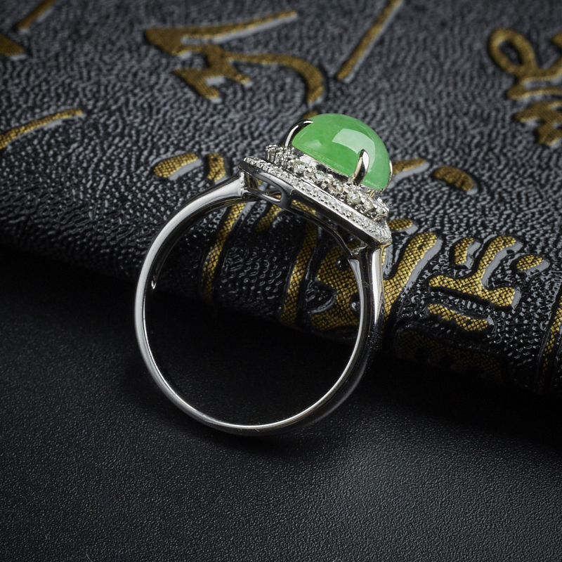 18K金镶钻冰糯种翡翠苹果绿戒指 - 红掌柜珠宝