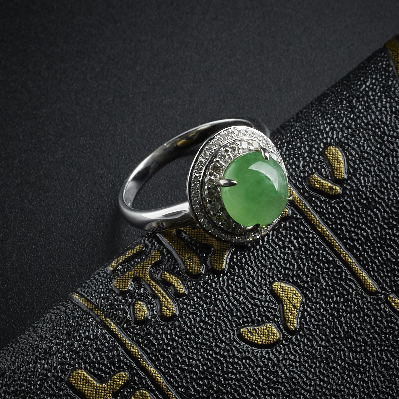 18K金镶钻冰糯种翡翠苹果绿戒指 - 红掌柜珠宝