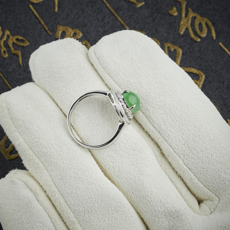 18K金镶钻冰糯种翡翠苹果绿戒指 - 红掌柜珠宝