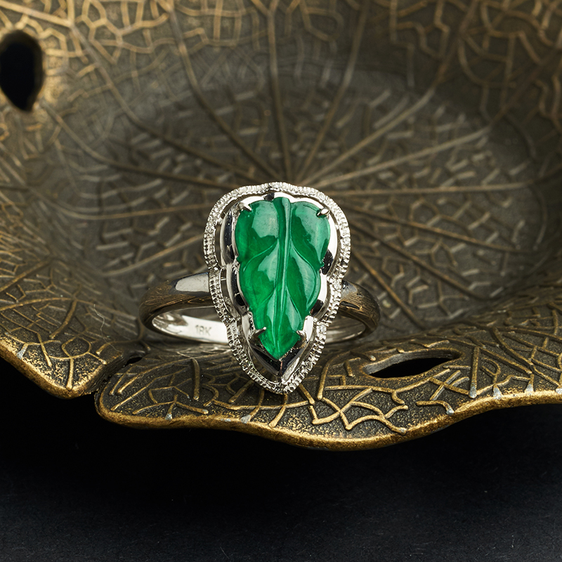 18K金镶钻冰种翠绿翡翠树叶戒指-红掌柜珠宝
