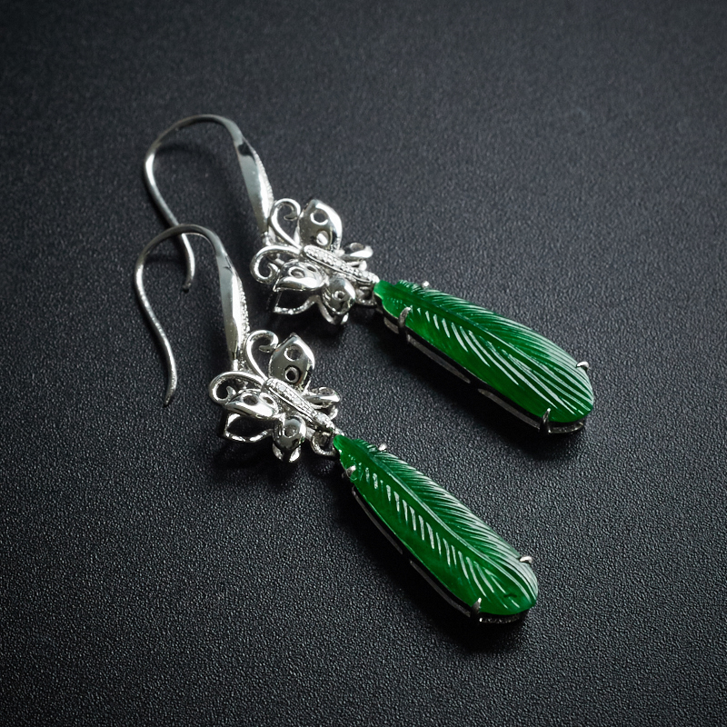 18K金镶冰糯种翠色翡翠羽毛耳环-红掌柜珠宝
