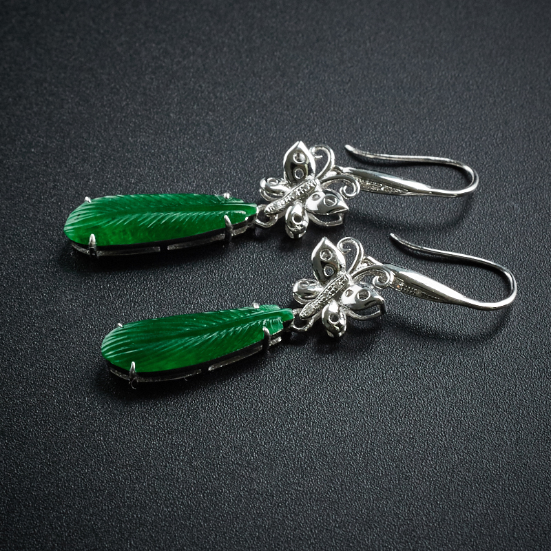 冰糯种翠色翡翠羽毛耳环-红掌柜珠宝