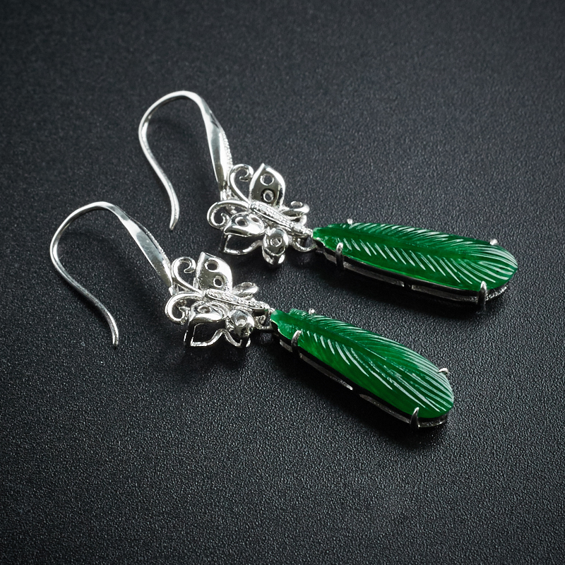 18K金镶翠色翡翠羽毛耳环-红掌柜珠宝