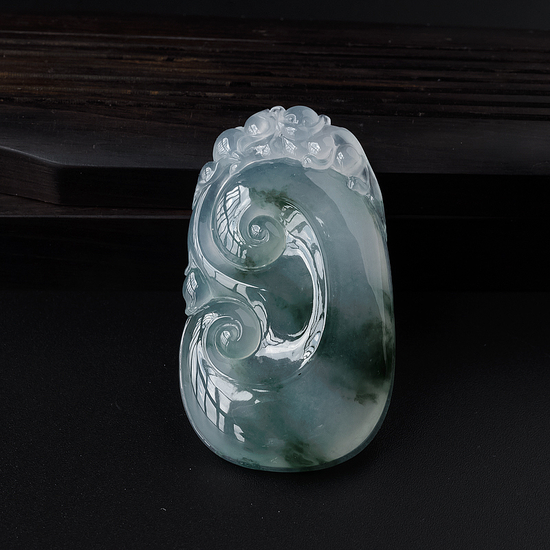 缅甸天然冰糯种飘花翡翠如意吊坠-红掌柜