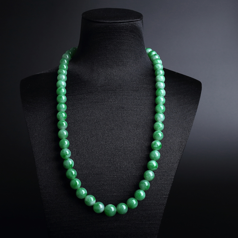 缅甸A货天然糯种阳绿翡翠圆珠项链 - 红掌柜