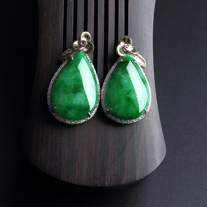 缅甸A货天然糯种浓绿翡翠耳钉 - 红掌柜
