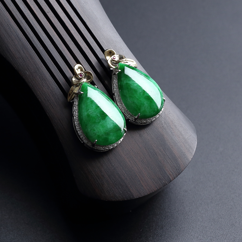 A货天然糯种浓绿翡翠耳钉 - 红掌柜
