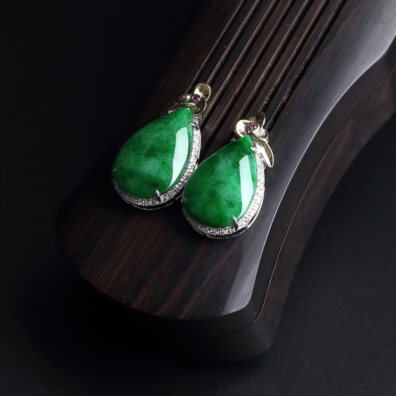 糯种浓绿翡翠耳钉 - 红掌柜