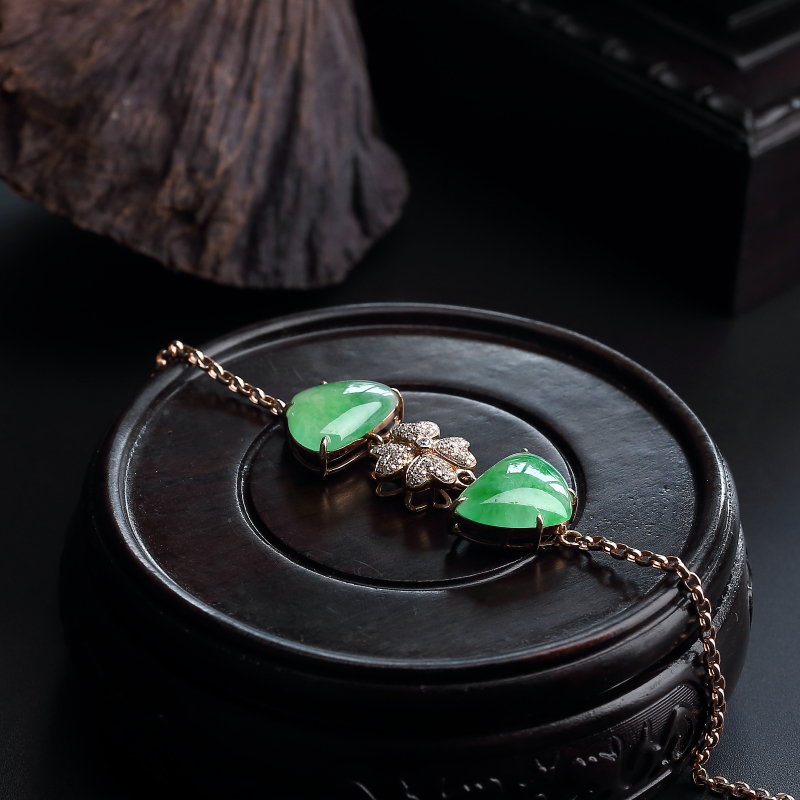 18K金镶缅甸飘绿翡翠手链-红掌柜