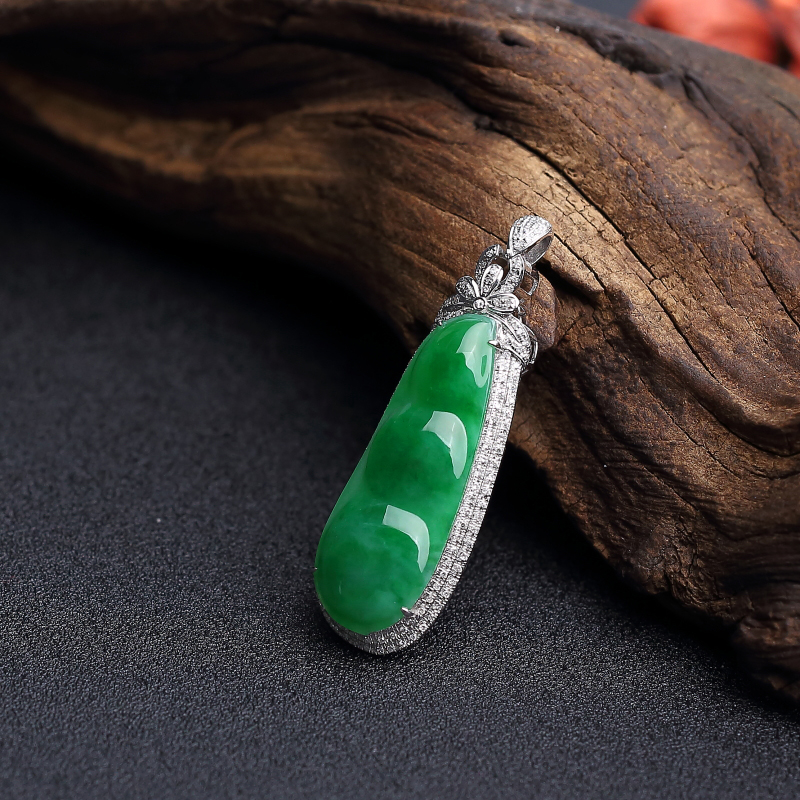 天然18K金镶钻糯种深绿翡翠福豆吊坠 - 红掌柜