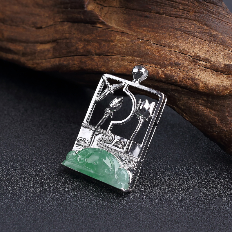 天然18K金镶钻糯种翡翠一品清廉吊坠 - 红掌柜