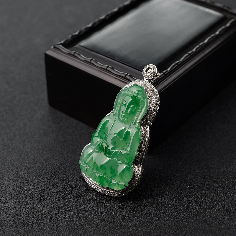 缅甸天然糯冰种飘翠翡翠观音吊坠-红掌柜