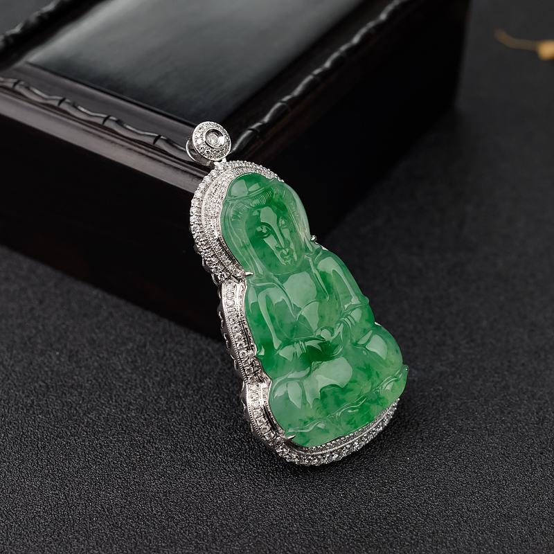 18k金镶天然糯冰种飘翠翡翠观音吊坠-红掌柜
