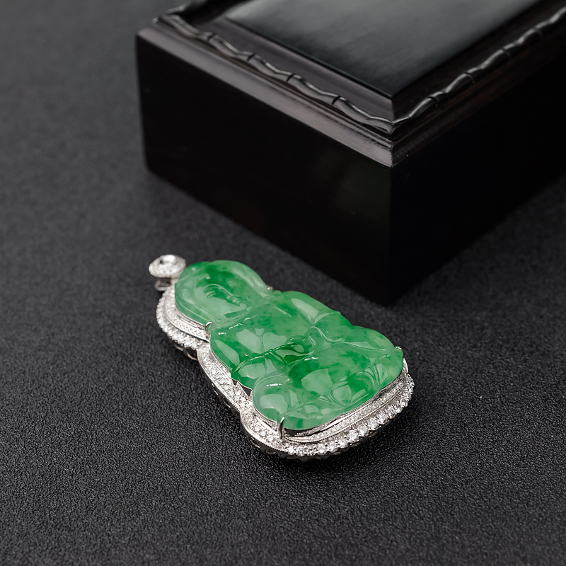 18k金镶缅甸天然飘翠翡翠观音吊坠-红掌柜