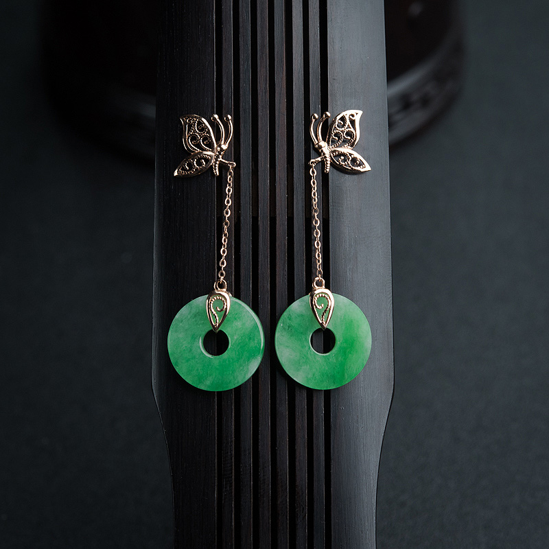 18K金镶钻糯种翠色翡翠耳坠-红掌柜
