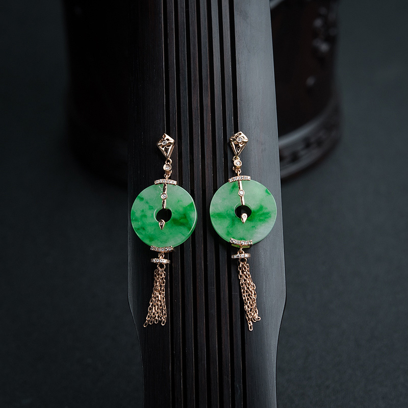 18K金镶钻糯种飘翠翡翠耳坠-红掌柜