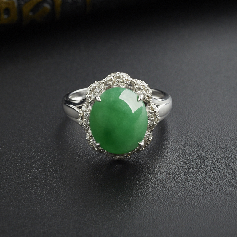 18K金镶钻糯种阳绿翡翠戒指 - 红掌柜珠宝