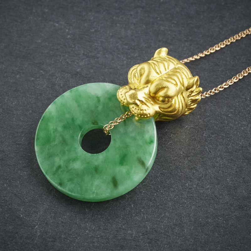 18K金糯种豆绿虎头平安扣套链-红掌柜珠宝