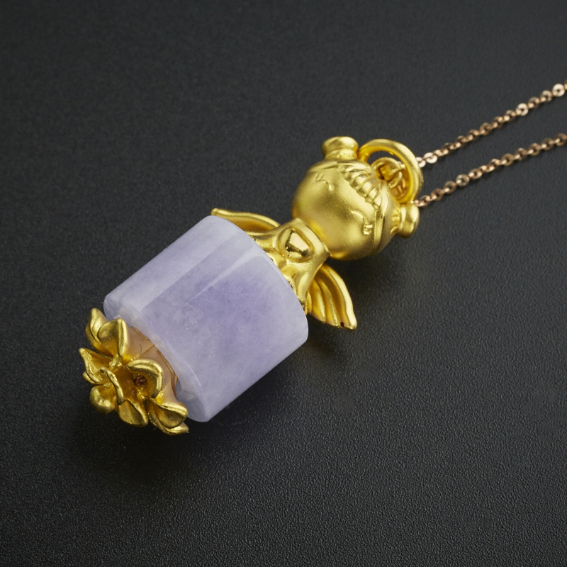 翡翠18K金天使配糯种紫罗兰路路通吊坠-红掌柜珠宝
