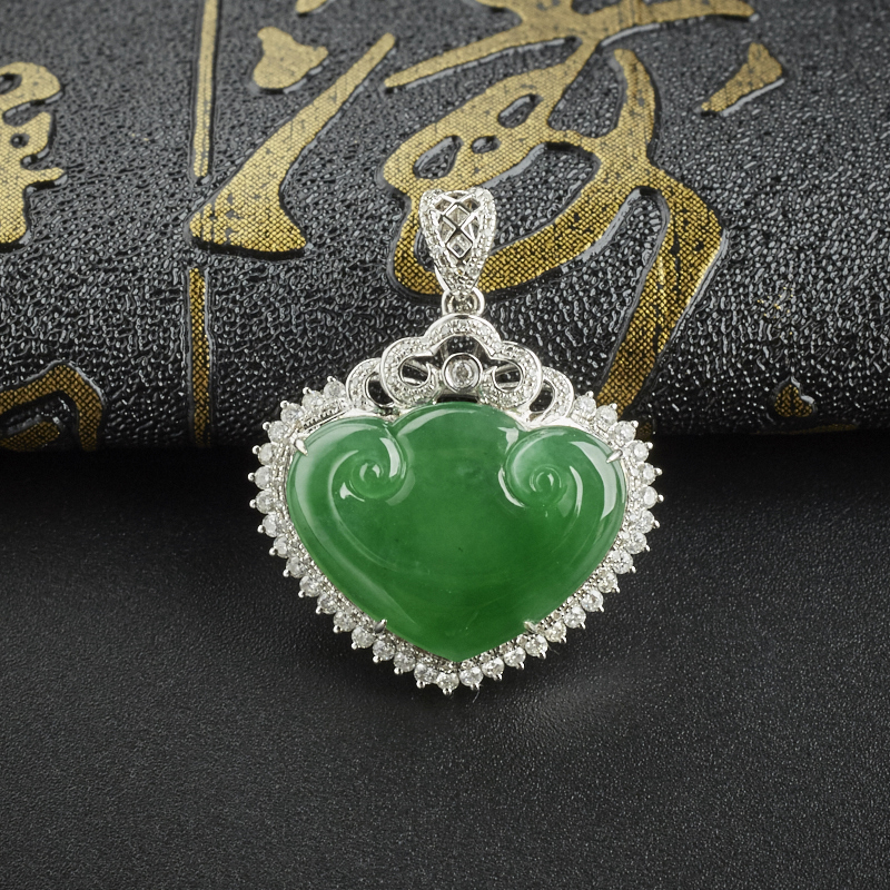 18K金镶钻翡翠如意吊坠 - 红掌柜珠宝