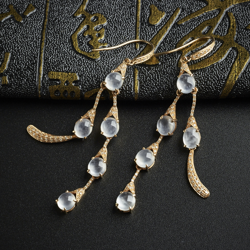 18K金镶钻冰种翡翠蛋面群镶耳坠- 红掌柜珠宝