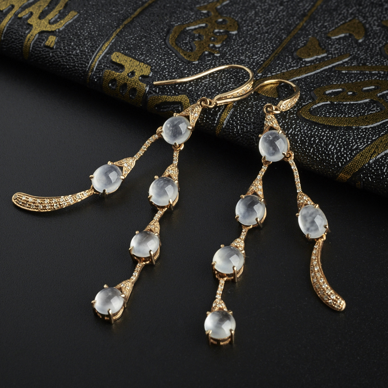 18K金镶钻翡翠蛋面群镶耳坠- 红掌柜珠宝