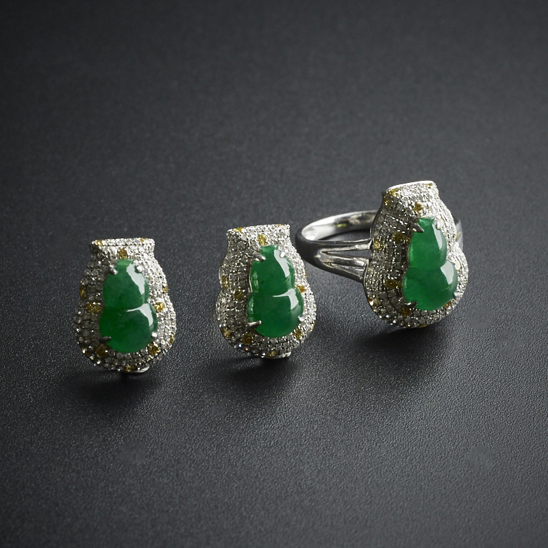 18K金镶钻冰种翠绿葫芦戒指耳钉套装- 红掌柜珠宝