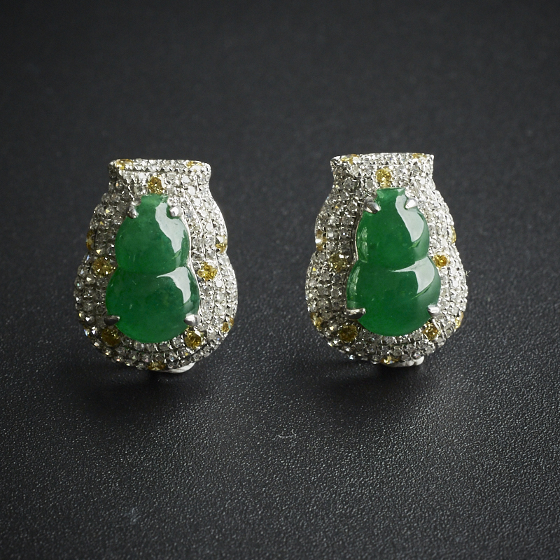 18K金镶钻冰种葫芦戒指耳钉套装- 红掌柜珠宝