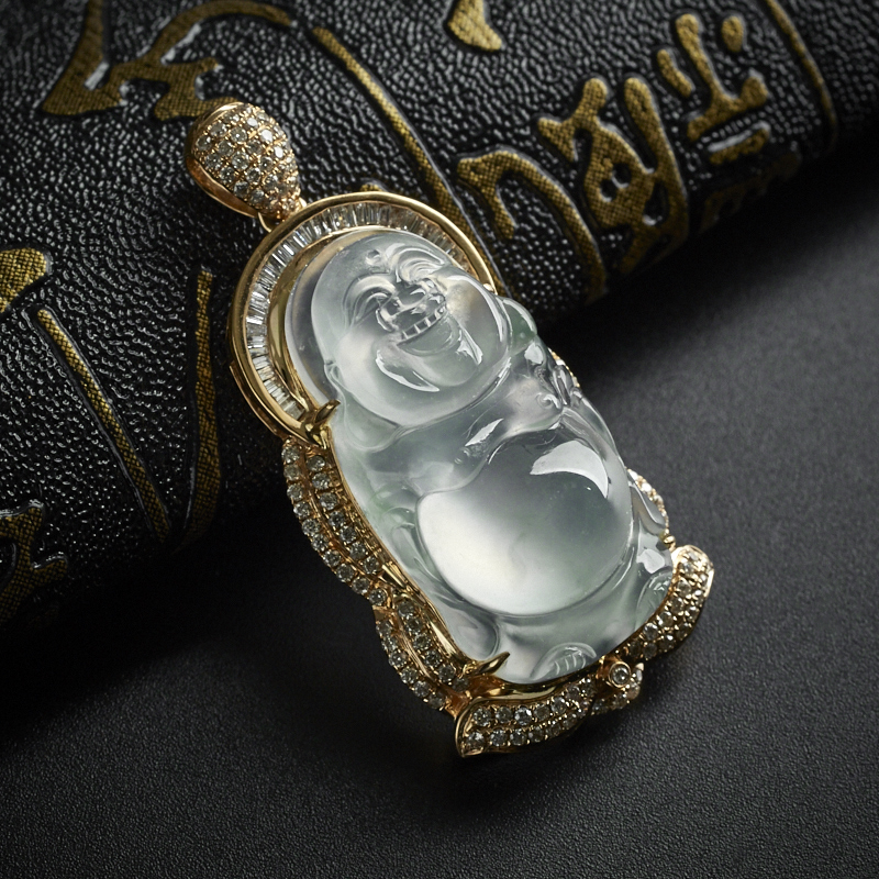 18K金镶冰种翡翠飘花站佛吊坠 - 红掌柜珠宝