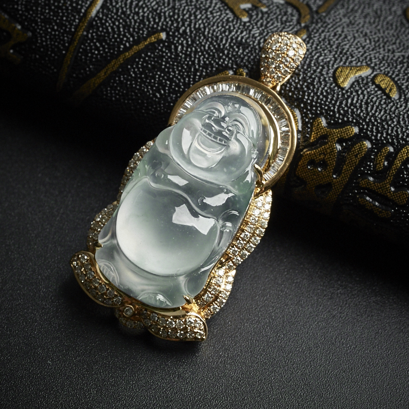 18K金冰种翡翠飘花站佛吊坠 - 红掌柜珠宝