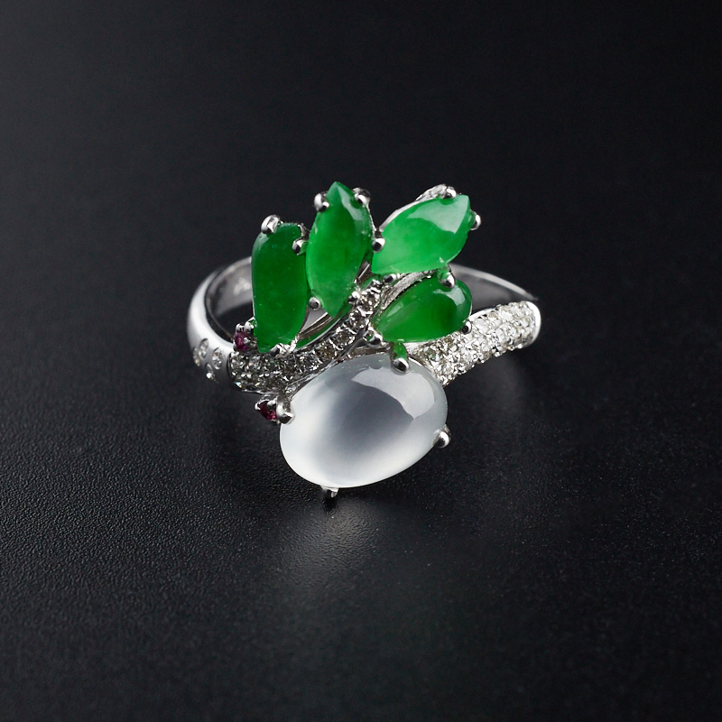 18K群镶冰种阳绿翡翠戒指-红掌柜珠宝