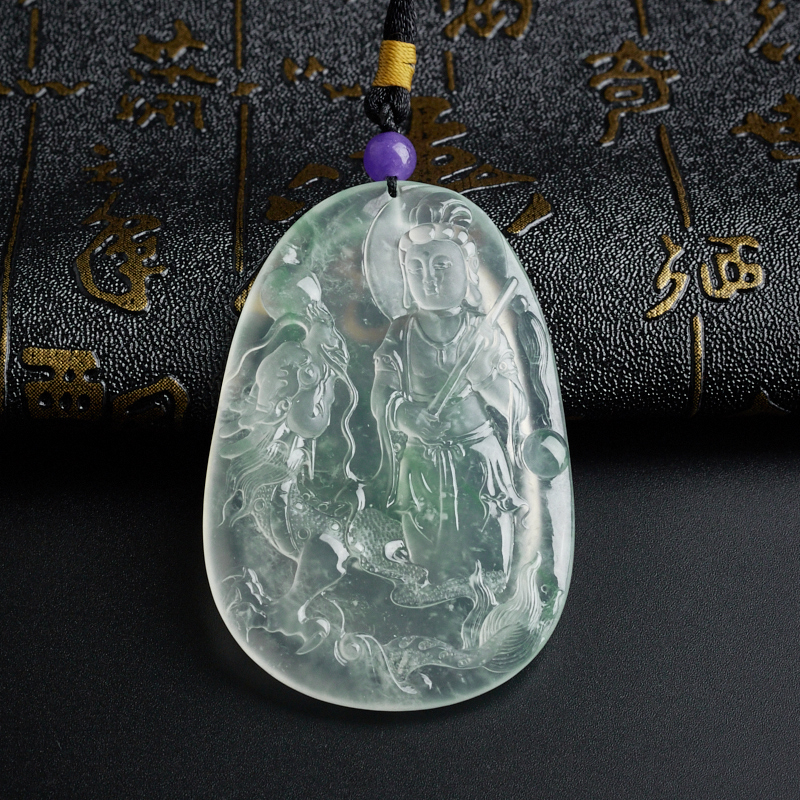 缅甸A货天然冰种飘翠翡翠龙头观音吊坠 - 红掌柜