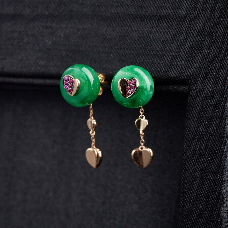 18K金镶糯种满绿翡翠耳环 - 红掌柜