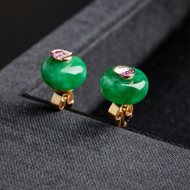 缅甸A货天然糯种满绿翡翠耳环 - 红掌柜